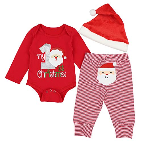 Product Cover DONWEN Christmas Outfits Baby Boys My 1st Christmas Rompers Bodysuit Santa Claus Pants with Christmas Hat