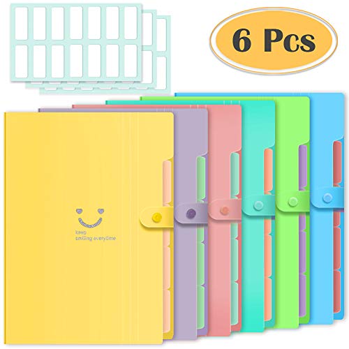 Product Cover Selizo 6 Pcs Expanding File Folders with 5 Pockets Plastic A4 Letter Size Document Organizer and 168 Pcs File Folder Labels for School and Office