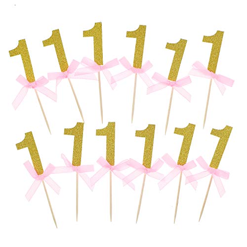 Product Cover Pack of 30 Glitter Gold and Pink Ribbon Bow-knot 1st Birthday Anniversary Event Party Cake Cupcake Toppers