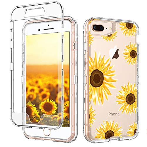 Product Cover iPhone 8 Plus Case iPhone 7 Plus Case Clear Sunflower GUAGUA Floral Flowers Cover Three Layer Hybrid Hard PC Soft Rubber Shockproof Protective Phone Case for iPhone 7 Plus/8 Plus Transparent Yellow