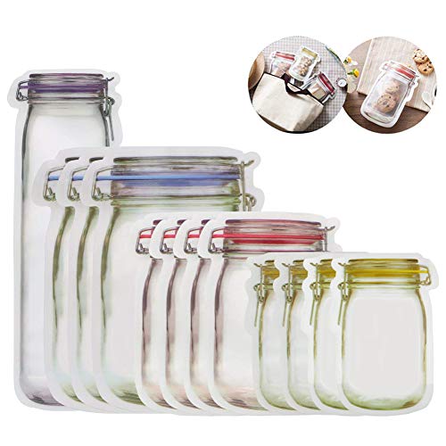 Product Cover Mason Jar Zipper Bags,Food Storage Snack Sandwich Ziplock Bags,Reusable Airtight Seal Food Storage Bags,Leakproof Food Saver Bags for Travel Camping and Kids(Tallx1+Lx3+Mx4+Sx4)