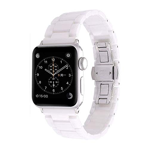 Product Cover Aottom Compatible for Apple Watch Band 44mm Ceramic iWatch Band 42mm Women Men Stainless Steel Metal Butterfly Buckle Sport Wristband Replacement Band for 38mm/40mm Apple Watch Series 5/4/3/2/1, White