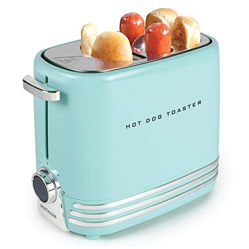 Product Cover Nostalgia HDT900AQ Pop-Up 2 Hot Dog and Bun Toaster With Mini Tongs, Works with Chicken, Turkey, Veggie Links, Sausages and Brats, Aqua Chrome