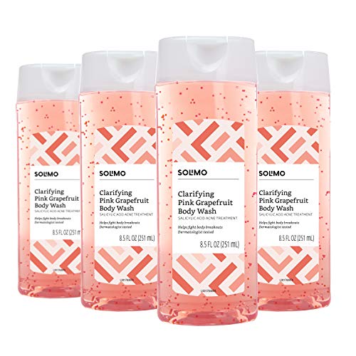 Product Cover Amazon Brand - Solimo Clarifying Pink Grapefruit Body Wash, 2% Salicylic Acid Acne Treatment, Dermatologist Tested, 8.5 Ounce (Pack of 4)