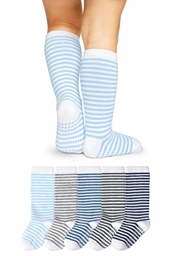 Product Cover LA Active Knee High Grip Socks - 5 Pairs - Baby Toddler Non Slip/Skid Cotton (Boys Stripes, 12-36 Months)
