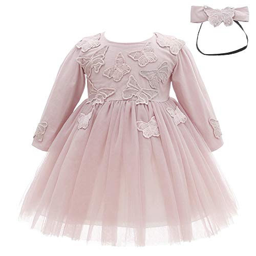 Product Cover Meiqiduo Baby Girls Dress Infant Birthday Christening Wedding Party Lace Tulle Tutu Dresses Outfit with Headband (12M/12-15 Months, Pink（Long Sleeve）)