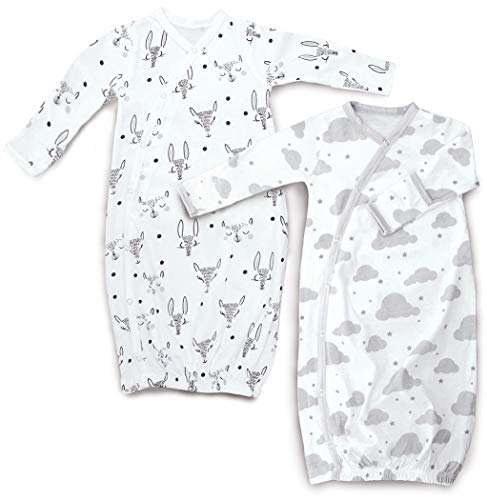 Product Cover Cambria Baby 100% Organic Cotton Kimono Gowns with Easy Change Side Snaps and Built in Mitts. White and Grey Clouds and Animals Patterns for Boys and Girls. 2 Pack (Size 0-3)