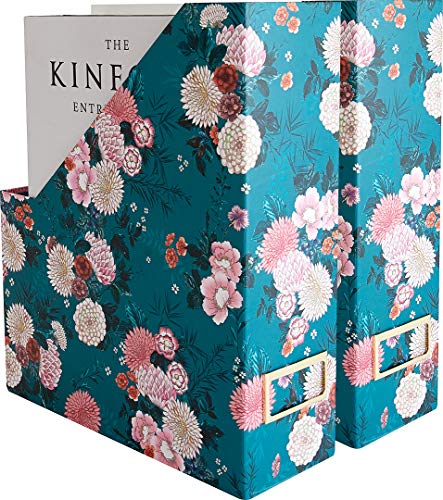 Product Cover Blu Monaco Foldable Magazine File Holder with Gold Label Holder - Set of 2 Cardboard Magazine File Boxes - Floral and Teal Desk Organizers and Accessories