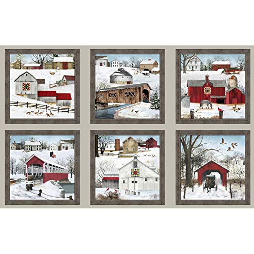 Product Cover Headin Home Barn Quilts & Covered Bridges Panel from Elizabeth's Studio 100% Cotton Quilt Fabric 4707 Sepia