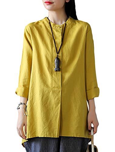 Product Cover Minibee Women's Cotton Linen Shirt High Low Button Down Embroidered Blouse Long Sleeve Tunic Tops with Pocket