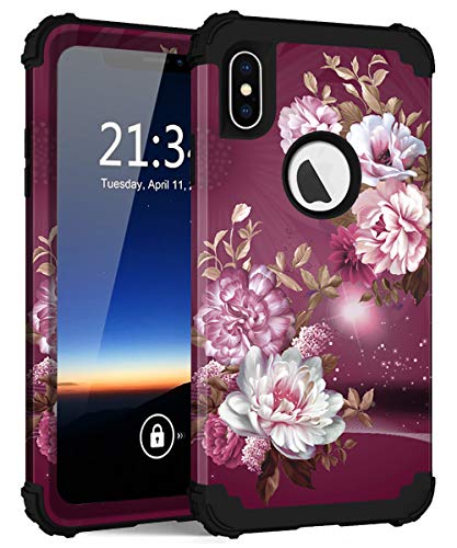 Product Cover Hocase iPhone Xs Max Case, Shockproof Heavy Duty Protection Hard Plastic Cover+Silicone Rubber Case Hybrid Dual Layer Protective Phone Case for iPhone Xs Max 6.5-inch 2018 - Burgundy Flowers