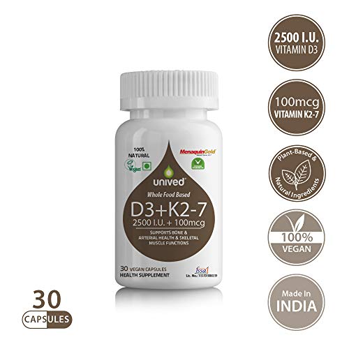 Product Cover Unived D3+K2 (MK-7), Vitamin D3 2500IU (Plant-Based) & Vitamin K2-7 (MenaquinGold) 100mcg, for Immunity, Cardiovascular & Bone Health, 30 Vegan Caps