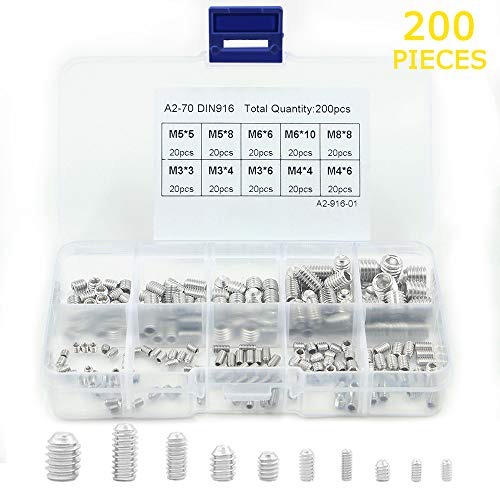 Product Cover WSQIWNI 200Pcs M3/4/5/6/8 Hex Allen Head Socket Set Screw Assortment Kit with Plastic Box 12.9 Class Black Alloy Stee, Metric (304 Stainless Steel)