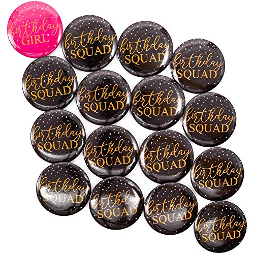 Product Cover Juvale Birthday Buttons for Women - 16-Pack It's My Birthday Pins for Girls with 2 Designs in Black and Hot Pink - Birthday Squad Buttons, 2.3-Inch Diameter