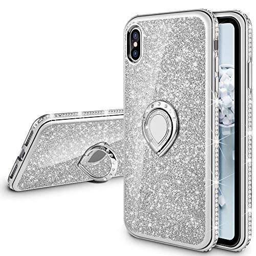 Product Cover VEGO Case for iPhone Xs iPhone X 5.8 inches,Glitter Case Bling Diamond Rhinestone with Kickstand Ring Grip Girls Women Case for iPhone Xs(Silver)