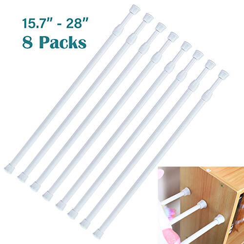 Product Cover DeElf 8 Pack Small Tension Rods 15.7 in to 28 in Spring Extendable Bars for Kitchen Cupboard Utensils, Closet, and Cabinet, White