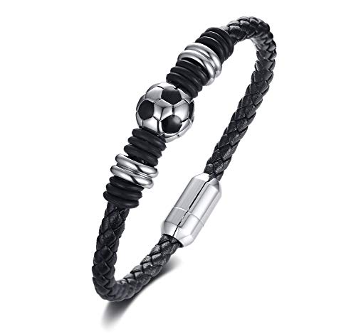 Product Cover MEALGUET Men's Football Soccer Ball Charm on Braided Genuine Leather Bangle Bracelets with Stainless Steel Magnetic Clasp