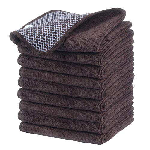 Product Cover KinHwa Microfiber Dish Cloths Super Absorbent Kitchen Wash Cloth Dish Rags for Washing Dishes Fast Drying Cleaning Cloth with Scrub Side (Brownx9, 12inchx12inch)