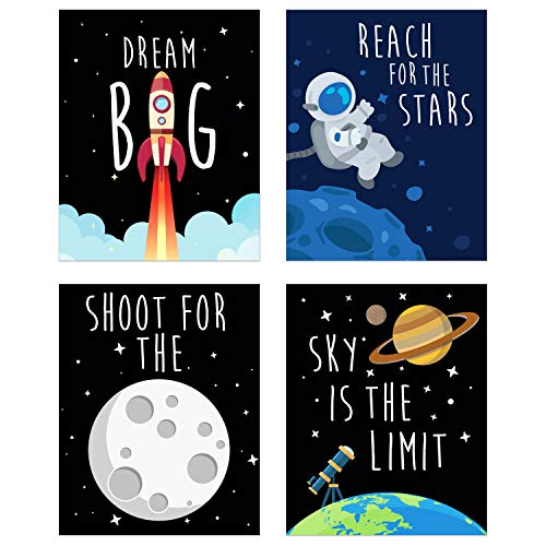 Product Cover Space Kids Nursery Bedroom Decor - Set of Four 8x10 Prints - Cute Inspirational Wall Art Decoration for Boys and Girls