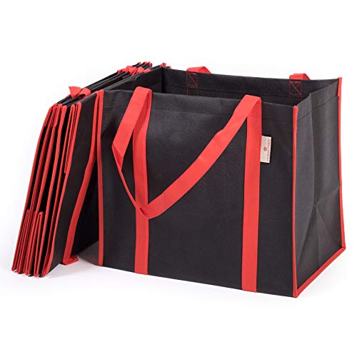 Product Cover Reusable Grocery Bags Shopping Tote Bag (5 pack) | Foldable Large Grocery Tote Shopping Bags | Durable and Strong for 35+ Lbs with Hard Bottom Supported by All-Around Reinforced Handles (Black/Red)