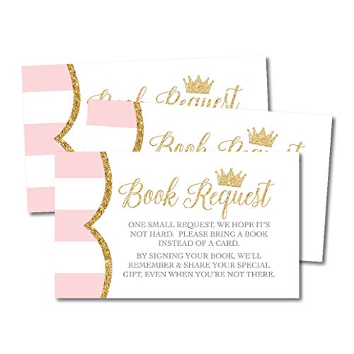 Product Cover 25 Princess Books for Baby Request Insert Card for Girl Gold Baby Shower Invitations or invites, Pink Castle On Her Way Cute Bring A Book Instead of A Card Theme for Gender Party Story Games