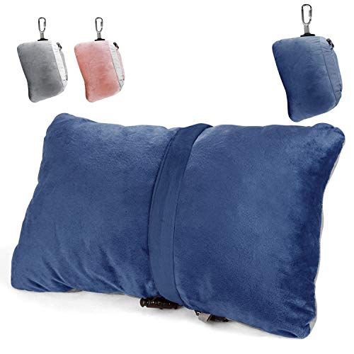 Product Cover Compact Travel Pillow Made with Shredded Memory Foam and Super Soft Fleece Fabric for Ultimate Comfort in Travel. Patented Design Rolls and Compacts Small for Travel. (Blue)