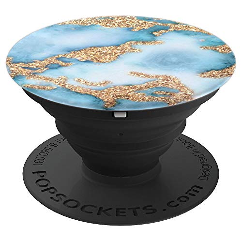 Product Cover Light Blue White And Golden Yellow Marbled Design PopSockets Grip and Stand for Phones and Tablets
