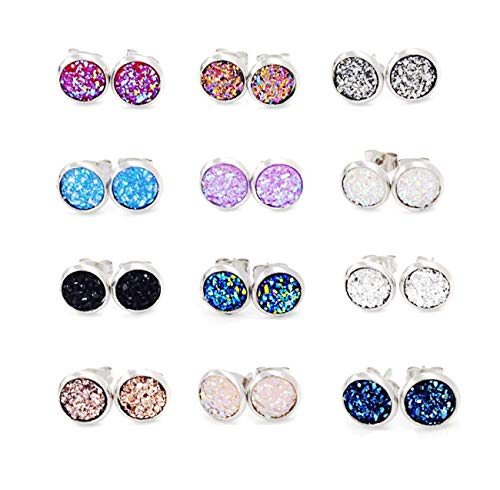 Product Cover 8mm 12 Pairs pack Stainless Steel faux druzy Studs Earrings Round Earrings Set Hypoallergenic fit Women Girls (mixed color)