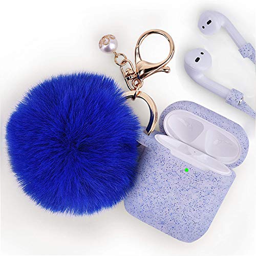 Product Cover Airpods Case - Filoto Airpods Silicone Glitter Cute Case Cover with Pompom/Keychain/Strap for Apple Airpods 2&1, 2019 Newest 360° Protective Air Pods Charging Case Cover (Glitter Sapphire Blue)