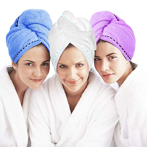Product Cover Microfiber Hair Towel Turban Wrap 3 Pack - Laluztop Anti Frizz Absorbent & Soft Shower head Towel, Quick dryer Hat, Bathing Wrapped Cap for Women Girls Mom Daughter（White/Blue/Purple）