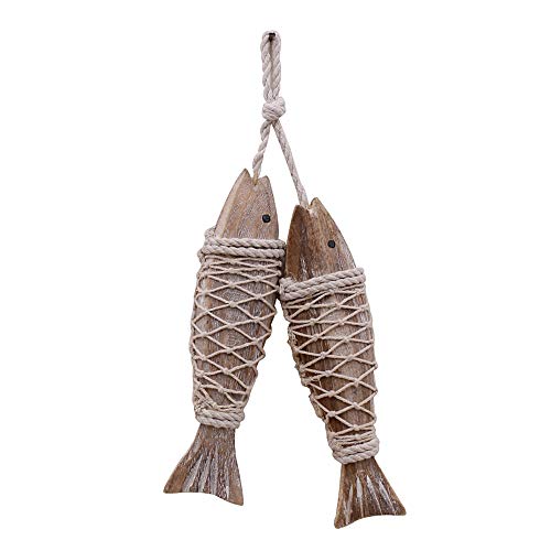 Product Cover Antique Wood Fish Decor Ornament Wall Hanging Wooden Fish Decorations for Home Nautical Theme 2 Pieces