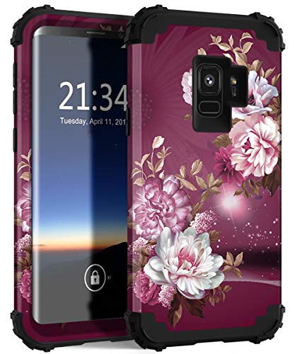 Product Cover Hocase Galaxy S9 Case, SM-G960 Case, Heavy Duty Shockproof Protection Hard Plastic+Soft Silicone Rubber Hybrid Dual Layer Protective Phone Case for Samsung Galaxy S9 2018 - Burgundy Flowers