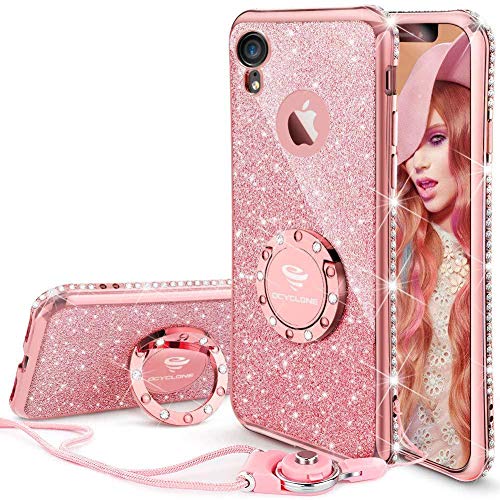 Product Cover Cute iPhone XR Case, Glitter Luxury Bling Diamond Rhinestone Bumper with Ring Grip Kickstand Protective Thin Girly Pink iPhone XR Case for Women Girl - Rose Gold Pink