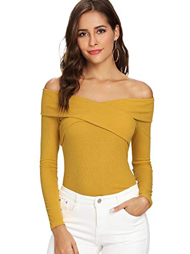 Product Cover SheIn Women's Sexy Off Shoulder Long Sleeve T-Shirt Cross Wrap Ribbed Knit Tops