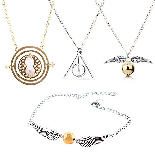 Product Cover GeeVen 4 Piece Necklace Bracelet with The Deathly Hallows Golden Snitch Time Turner Chain Pendant Necklace for Harry Inspired Fans Gifts Collections