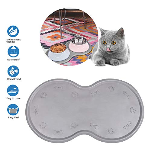 Product Cover Dcxz Pet Feeding Mat Cat & Dog Mats for Food & Water - Flexible and Easy to Clean Feeding Mat - Non-Slip Waterproof Feeding Mat for Dog Food & Water Bowls Nontoxic Rubber Gray