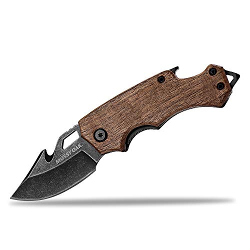 Product Cover Mossy Oak Mini Folding Pocket Knife, Stainless Steel Drop Point Blade - EDC Multi-Tool with Bottle Opener and Glass Breaker, Wood Handle