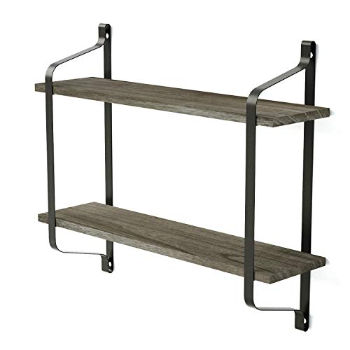 Product Cover Love-KANKEI Floating Shelves Wall Mounted Industrial Wood Wall Shelves for Pantry Living Room Bedroom Kitchen Entryway, 2 Tier Heavy Duty Book Shelf Weathered Grey