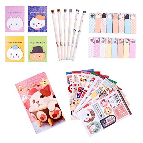 Product Cover Kawaii School Supplies - Cat Stationery Set includes 6 Gel Pens, 120 Sticky Notes, 45 Pcs Stickers, 240 Bookmark Page Flags - Japanese Style Office Supplies/Journaling Kit - Gift for Girls
