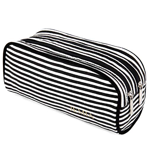 Product Cover JEMIA Dual Compartments Collection 2 Independent Zipper Chambers with Mesh Pockets Pencil Case (Black White Stripes, Canvas)