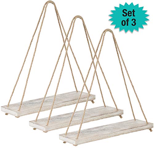 Product Cover Rustic Distressed Wood Hanging Shelves: 17-Inch with Swing Rope Floating Shelves (Brown - Pack of 3)