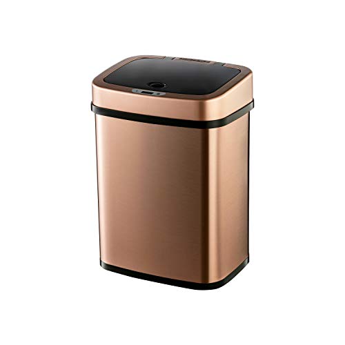 Product Cover Ninestars Bedroom or Bathroom Automatic Touchless Infrared Motion Sensor Trash Can, 3 Gal 12L, Stainless Steel Base (Rectangular, Rose Gold/Black Lid)