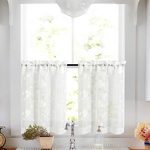 Product Cover Tier Curtains White 24 Inch Length Kitchen Cafe Floral Embroidered Sheer Window Curtain Set for Bathroom Semi Sheer Curtains Voile Floral Drapes Rod Pocket 2 Panels