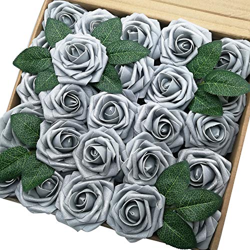 Product Cover J-Rijzen Jing-Rise Artificial Flowers 50pcs Real Touch Silver Grey Fake Roses with Stem for Bride Wedding Bouquet Baby Shower Flowers Centerpieces Party Home Decorations(Silver Grey)