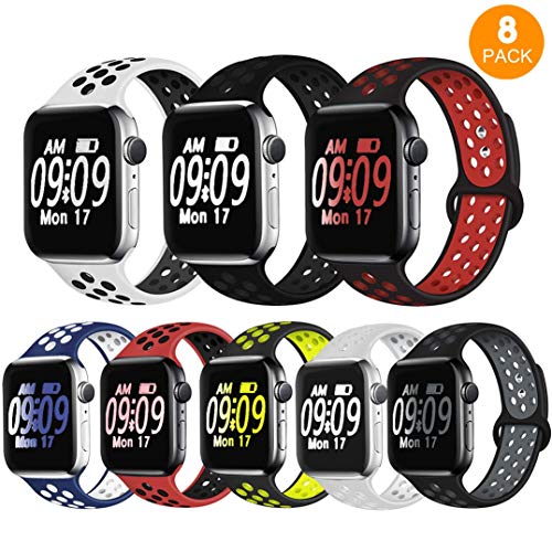 Product Cover DOBSTFY Sport Band Compatible for iWatch Bands 38mm 42mm Soft Silicone Watch Band Replacement Wristband Strap Compatible for App le Watch Series 5/4/3/2/1 Ni ke+, Sport, Edition, 42mm 44mm M/L, 8 PACK