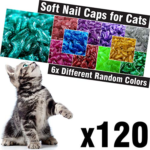 Product Cover zetpo 120 pcs Glitter Soft Cat Claw Caps for Cats Nail Claws 6X Different Random Colors + 6X Adhesive Glue + 6X Applicator, Pet Cap Tips Cover Paws Grooming Soft Covers (S)