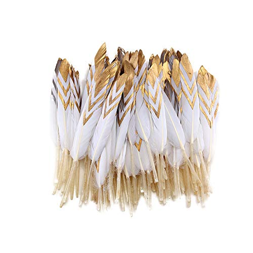 Product Cover Sowder 50pcs Colorful Gold Goose Feathers 4-6inch(10-15cm) for Art Craft Party Decoration Clothing Accessories Duck Feather(White&Gold)