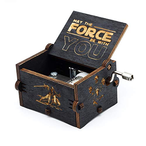 Product Cover Mini Music Box Hand Crank Musical Box Carved Wooden,Play Star Wars Theme Song,Black