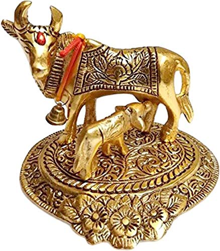 Product Cover Craftam Oxidized Metal Religious kamdhenu Cow with Calf Handmade Handicraft for Home Decor Gift Item (Golden)
