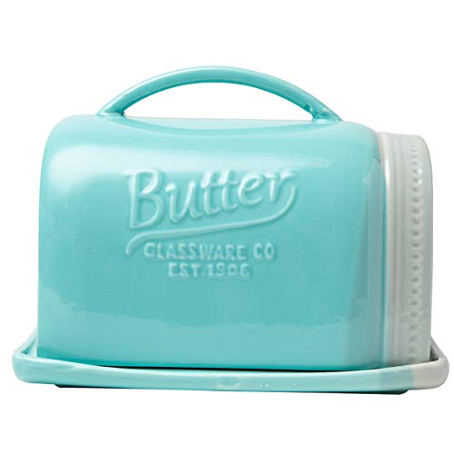 Product Cover Mason Jar Ceramic Butter Dish with Lid and Handle - Vintage Ceramic Butter Holder - Decorative Butter Keeper with Rustic, Farmhouse Design - Convenient Butter Crock in Aqua Blue Color